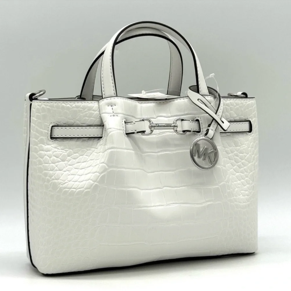 Michael Kors Carson Small Crocodile Embossed Satchel Bag Optic White